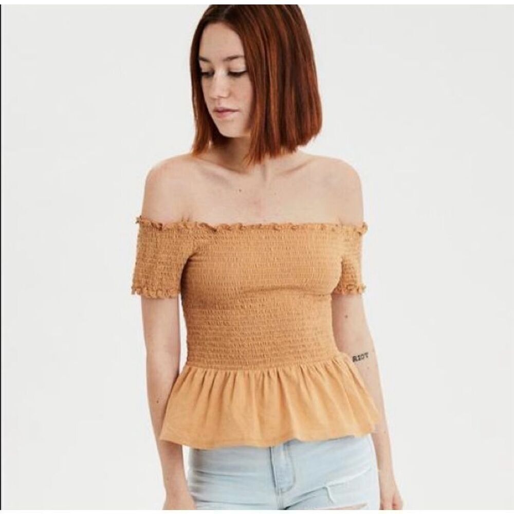 🌸 American Eagle Tan Smocked Off The Shoulder Peplum Top Size XL
